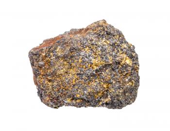 closeup of sample of natural mineral from geological collection - unpolished Magnetite ore with Chalcopyrite isolated on white background