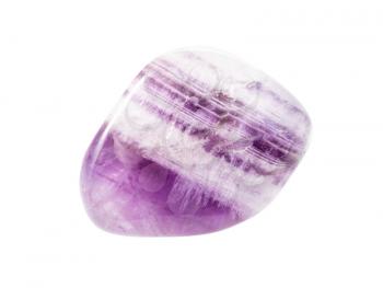 closeup of sample of natural mineral from geological collection - polished banded Amethyst gemstone isolated on white background