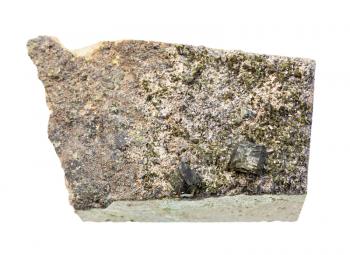 closeup of sample of natural mineral from geological collection - crystals of Epidote in matrix on rock isolated on white background
