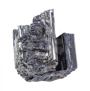 closeup of sample of natural mineral from geological collection - unpolished Schorl (black Tourmaline) rock isolated on white background