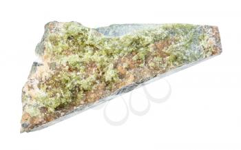 closeup of sample of natural mineral from geological collection - Vesuvianite crystals on unpolished rock isolated on white background