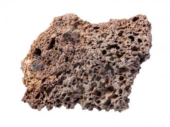 closeup of sample of natural mineral from geological collection - rough brown Pumice rock isolated on white background