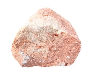 closeup of sample of natural mineral from geological collection - unpolished pink calcareous sandstone rock isolated on white background