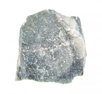 closeup of sample of natural mineral from geological collection - rough Hornfels rock isolated on white background