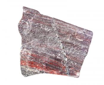 closeup of sample of natural mineral from geological collection - rough jaspilite rock isolated on white background