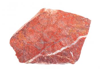 closeup of sample of natural mineral from geological collection - rough red jasper rock isolated on white background