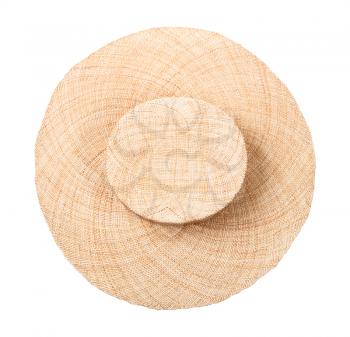 top view of wide brimmed straw hat isolated on white background