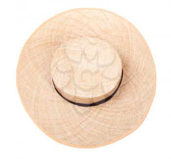 top view of wide-brimmed straw hat with black band on crown isolated on white background