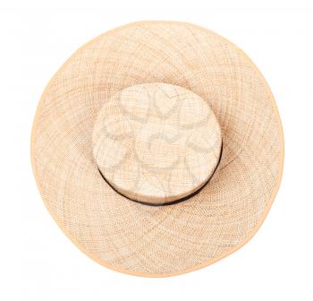 top view of summer straw hat with black band on crown isolated on white background