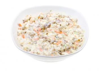 portion of russian Olivier salad in white bowl isolated on white background