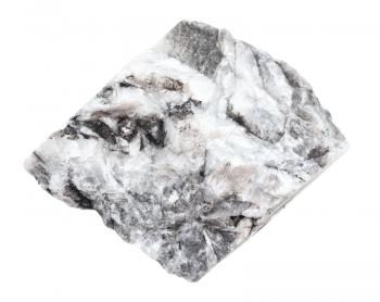 closeup of sample of natural mineral from geological collection - raw gray Magnesite rock isolated on white background