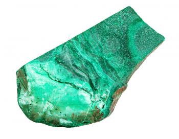 closeup of sample of natural mineral from geological collection - raw Malachite stone isolated on white background