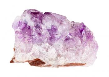 closeup of sample of natural mineral from geological collection - raw druse of Amethyst rock isolated on white background