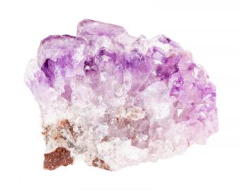 closeup of sample of natural mineral from geological collection - druse of Amethyst rock isolated on white background