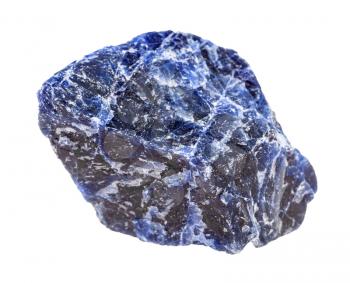 closeup of sample of natural mineral from geological collection - raw Sodalite rock isolated on white background