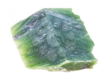 closeup of sample of natural mineral from geological collection - polished raw Nephrite (green jade) stone isolated on white background