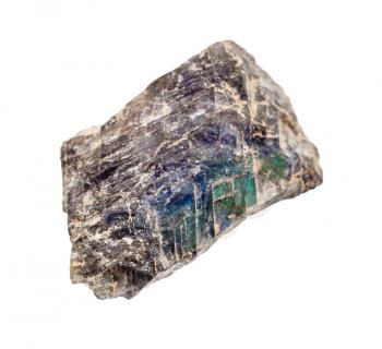 closeup of sample of natural mineral from geological collection - raw Labradorite stone isolated on white background