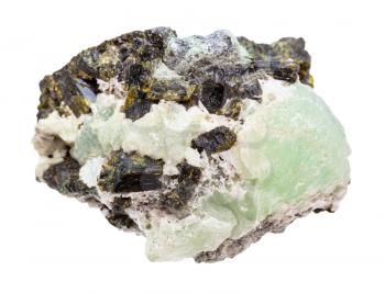 closeup of sample of natural mineral from geological collection - raw Prehnite stone in Epidote crystals isolated on white background
