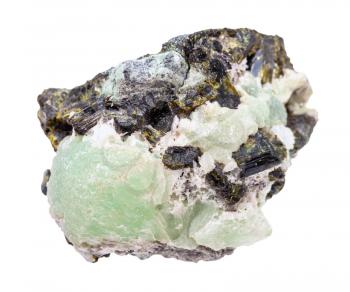 closeup of sample of natural mineral from geological collection - rough Prehnite stone in Epidote crystals isolated on white background