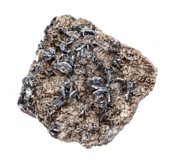 closeup of sample of natural mineral from geological collection - Magnetite (lodestone) crystals in matrix isolated on white background