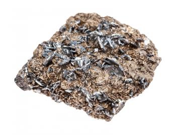 closeup of sample of natural mineral from geological collection - raw Magnetite (lodestone) crystals in matrix isolated on white background