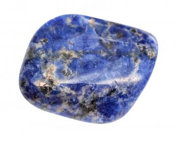 closeup of sample of natural mineral from geological collection - polished Sodalite gemstone isolated on white background
