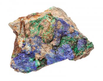 closeup of sample of natural mineral from geological collection - raw Azurite and Malachite on rock isolated on white background