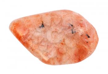 closeup of sample of natural mineral from geological collection - polished Sunstone (heliolite) gemstone isolated on white background