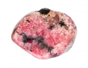 closeup of sample of natural mineral from geological collection - tumbled Rhodonite gem isolated on white background