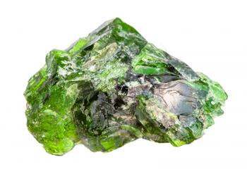 closeup of sample of natural mineral from geological collection - raw Chromian diopside (Chrome-Diopside, Siberian Emerald, green diopside) rock isolated on white background
