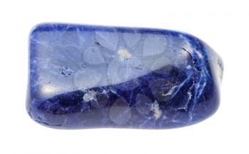 closeup of sample of natural mineral from geological collection - polished Sodalite gem stone isolated on white background