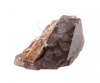 closeup of sample of natural mineral from geological collection - single crystal of smoky quartz morion isolated on white background