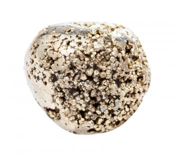 closeup of sample of natural mineral from geological collection - rolled Pyrite (iron pyrite, fool's gold) stone isolated on white background