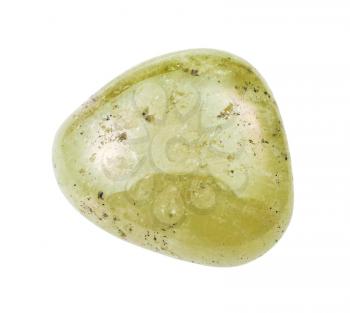 closeup of sample of natural mineral from geological collection - polished Grossular (green garnet) gem isolated on white background