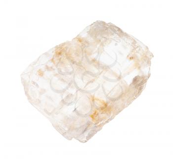 closeup of sample of natural mineral from geological collection - Petalite (castorite) crystal isolated on white background