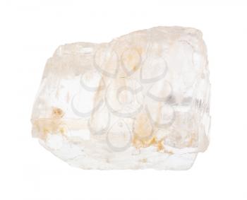closeup of sample of natural mineral from geological collection - rough Petalite (castorite) crystal isolated on white background