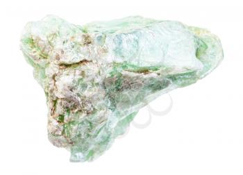 closeup of sample of natural mineral from geological collection - rough green Talc rock isolated on white background