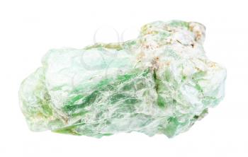 closeup of sample of natural mineral from geological collection - raw green Talc rock isolated on white background
