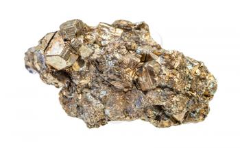 closeup of sample of natural mineral from geological collection - druse of Pyrite crystals (iron pyrite, fool's gold) isolated on white background