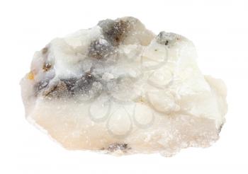 closeup of sample of natural mineral from geological collection - rough Talc (Soapstone) rock isolated on white background