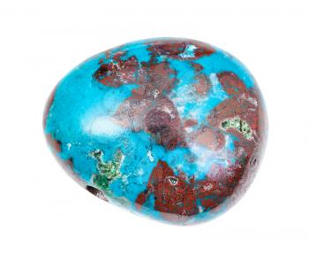 closeup of sample of natural mineral from geological collection - polished Chrysocolla gemstone isolated on white background