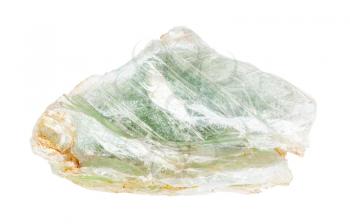 closeup of sample of natural mineral from geological collection - specimen of green Talc rock isolated on white background