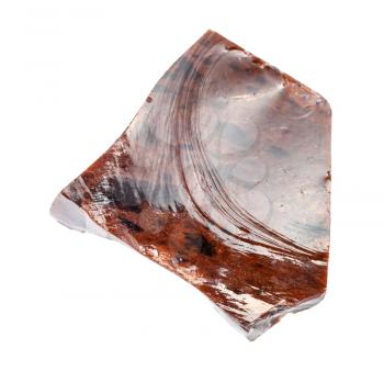 closeup of sample of natural mineral from geological collection - rough Mahogany Obsidian volcanic glass isolated on white background