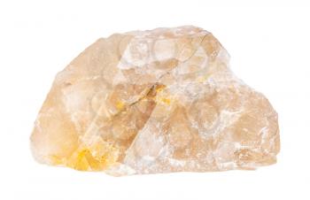 closeup of sample of natural mineral from geological collection - raw yellow Fluorite (fluorspar) rock isolated on white background