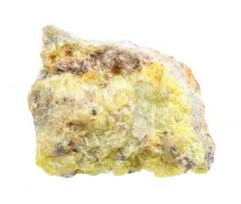 closeup of sample of natural mineral from geological collection - rough Sulphur (Sulfur) rock isolated on white background