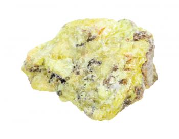 closeup of sample of natural mineral from geological collection - raw Sulphur (Sulfur) rock isolated on white background