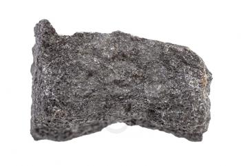 closeup of sample of natural mineral from geological collection - raw Chromite rock isolated on white background