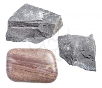 set of various Argillite rocks isolated on white background