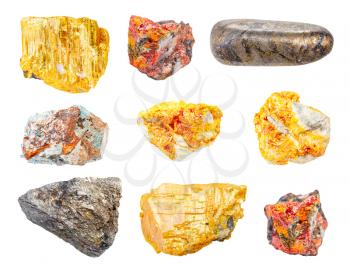 set of various ores of Arsenic (Arsenopyrite, Orpiment, Realgar, Scorodite) isolated on white background