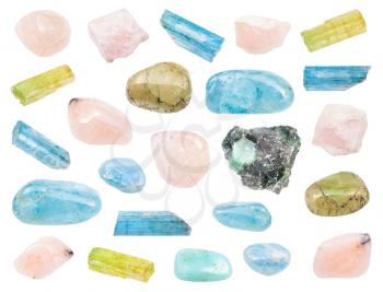 set of various Beryl (Morganite, Vorobyevite, Aquamarine, Heliodor, etc) gemstones isolated on white background